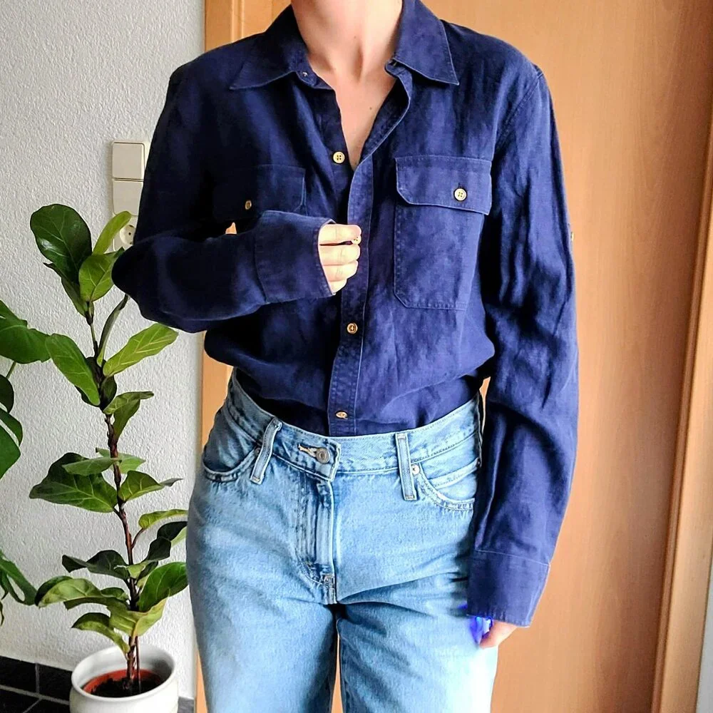 Lauren Ralph Lauren Navy Blue Linen Long Sleeve Button Down Shirt Size Medium - Picture 1 of 13